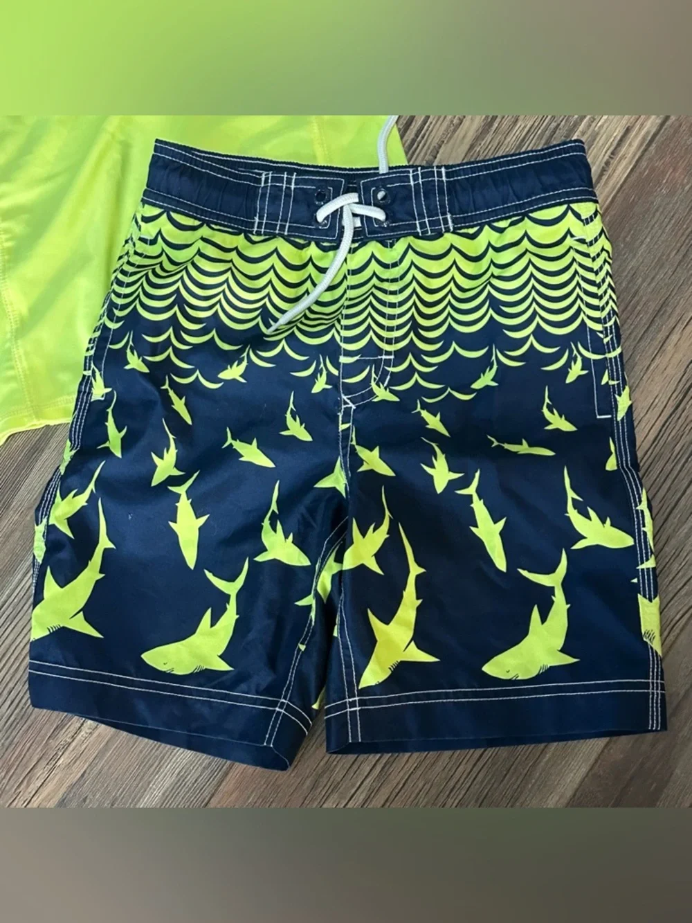 GAP kids neon rashguard shirt and shark swim trunks boys S 6/7 swimsuit shorts